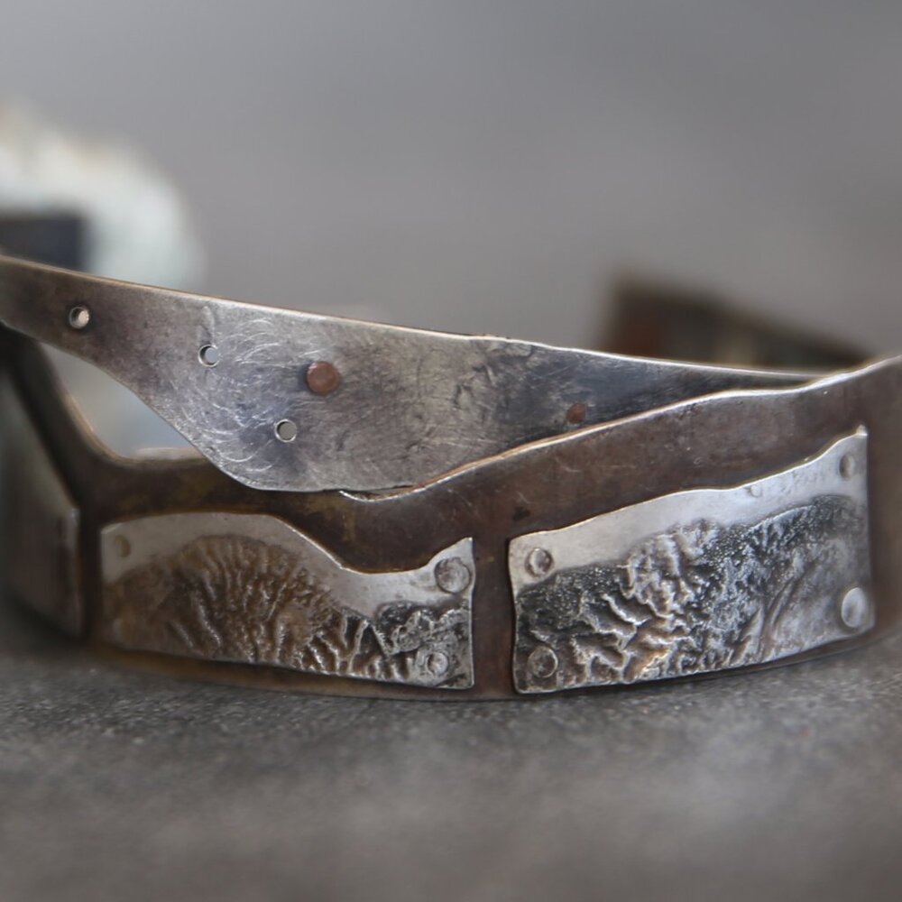Sterling and Copper  Reticulated and Riveted Stacking Cuff Bracelets